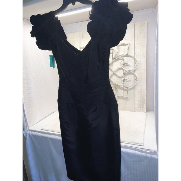 Tadaski Black Crepe Puff Sleeves Formal Knee Length Dress Size 10 NWT Excellent - Picture 4 of 12